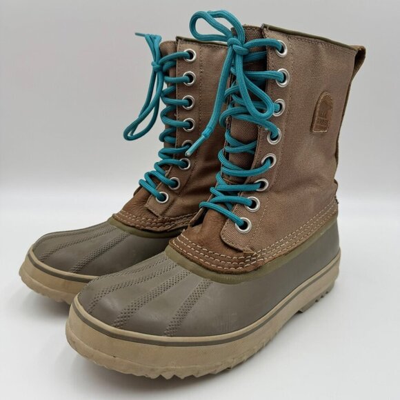 Sorel Waterproof Boots With Removable Liner Womens Size 8 Green Tan Durable - Picture 1 of 11
